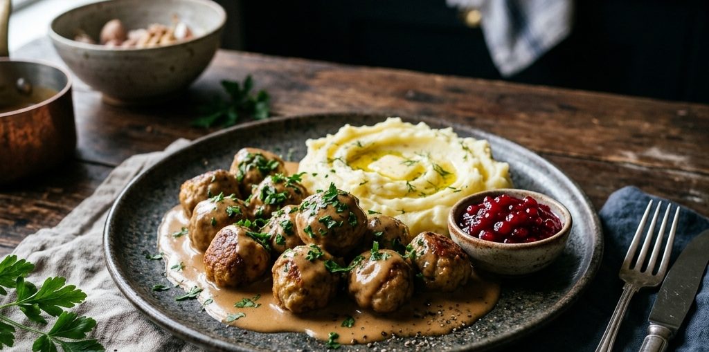 best swedish meatballs recipe with creamy gravy and mashed potatoes